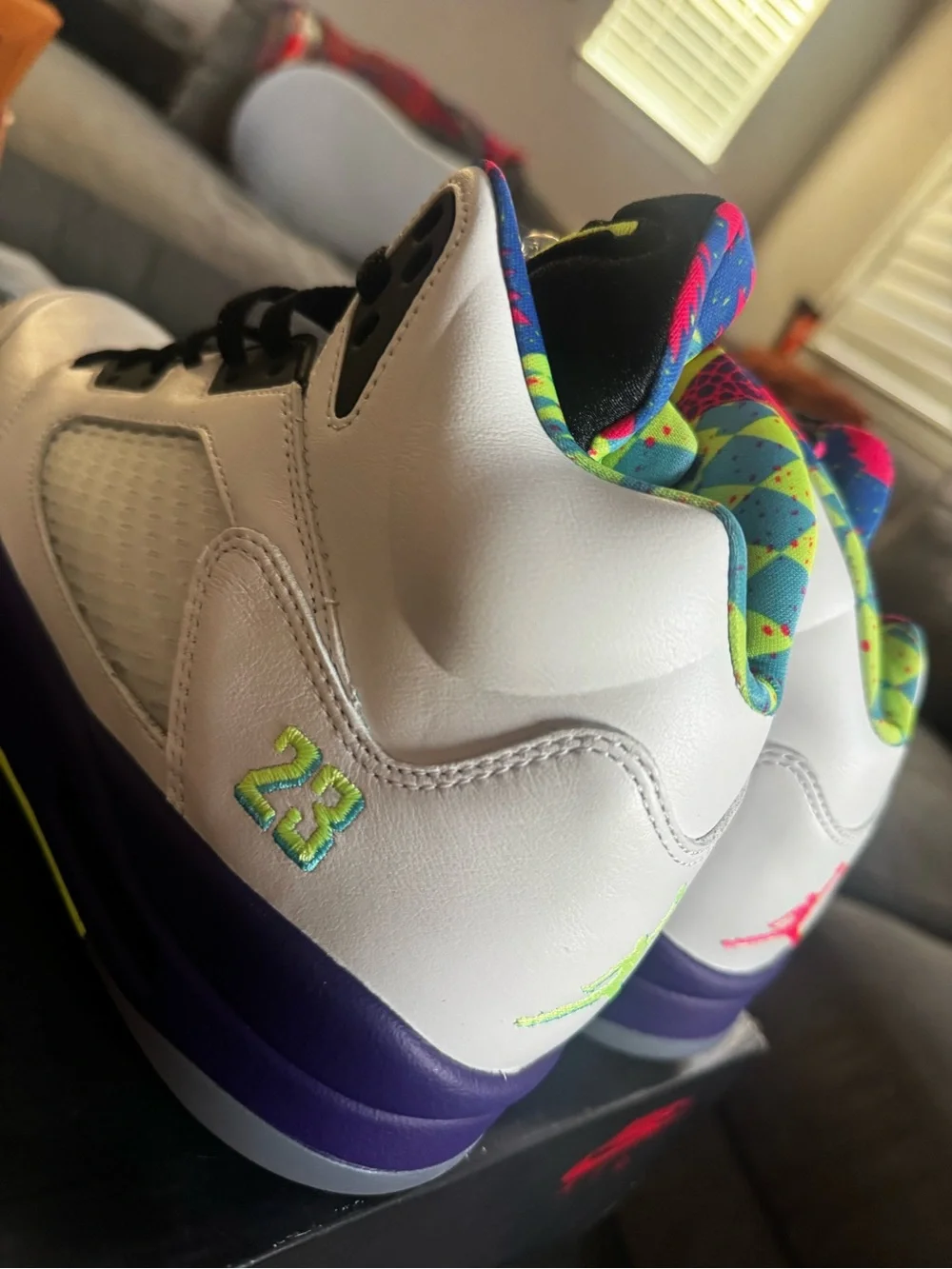 Air Jordan retro 5 men’s Sneakers with Black, Purple & Neon Green Accents